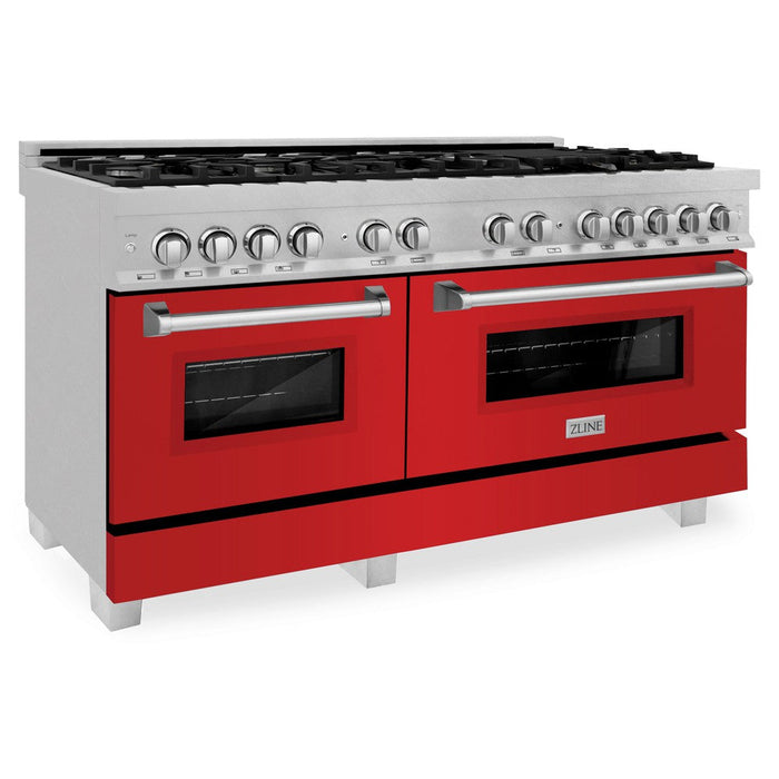 ZLINE 60 in. 7.4 cu. ft. Legacy Dual Fuel Range with 9 Burner Gas Cooktop and 2 Electric Convection Ovens in DuraSnow® Stainless Steel and Red Matte Doors (RAS-RM-60)