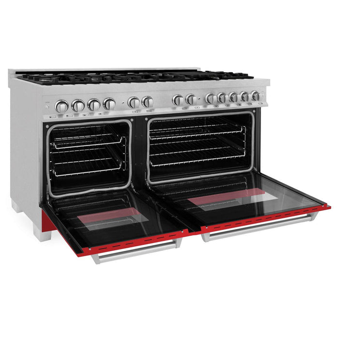 ZLINE 60 in. 7.4 cu. ft. Legacy Dual Fuel Range with 9 Burner Gas Cooktop and 2 Electric Convection Ovens in DuraSnow® Stainless Steel and Red Matte Doors (RAS-RM-60)