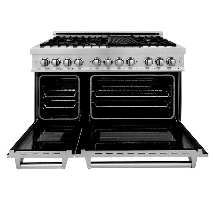 ZLINE 48 in. 6.0 cu. ft. Legacy Dual Fuel Range with 7 Burner Gas Cooktop and 2 Electric Ovens in DuraSnow® Stainless Steel with Griddle (RAS-SN-GR-48)