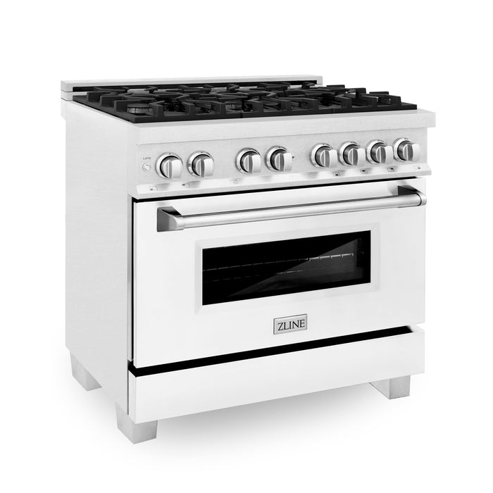 ZLINE Kitchen and Bath 36 in. Professional Gas Burner/Electric Oven in DuraSnow® Stainless with White Matte Door, RAS-WM-36