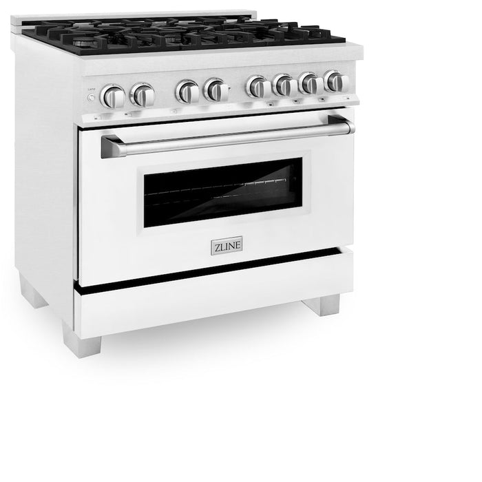 ZLINE 36 in. 4.6 cu. ft. Legacy Dual Fuel Range with 6 Burner Gas Cooktop and Electric Convection Oven in DuraSnow® Stainless Steel and White Matte Door (RAS-WM-36)