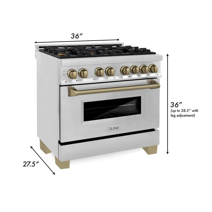 ZLINE Autograph Edition 36 in. Kitchen Package with Stainless Steel Dual Fuel Range, Range Hood, Dishwasher and Refrigeration with Champagne Bronze Accents (4KAPR-RARHDWM36-CB)