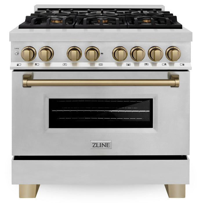 ZLINE Autograph 36" 4.6 cu. ft. Dual Fuel Range in Stainless Steel with Bronze Accents, RAZ-36-CB