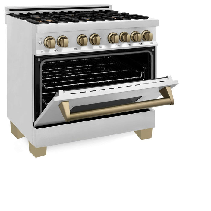 ZLINE Autograph Edition 36 in. Kitchen Package with Stainless Steel Dual Fuel Range, Range Hood, Dishwasher and Refrigeration Including External Water Dispenser with Champagne Bronze Accents (4AKPR-RARHDWM36-CB)