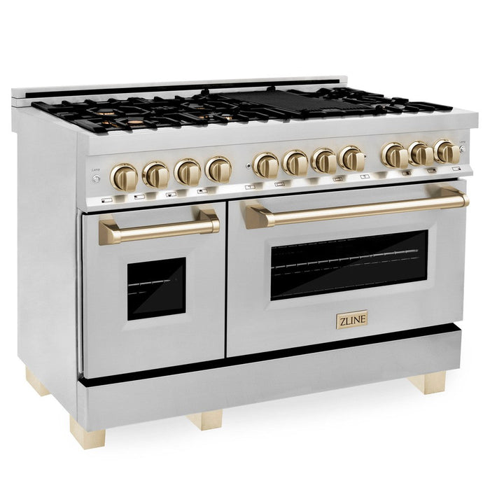 ZLINE Autograph Edition 48 in. Kitchen Package with Stainless Steel Dual Fuel Range, Range Hood and Dishwasher with Polished Gold Accents (3AKP-RARHDWM48-G)