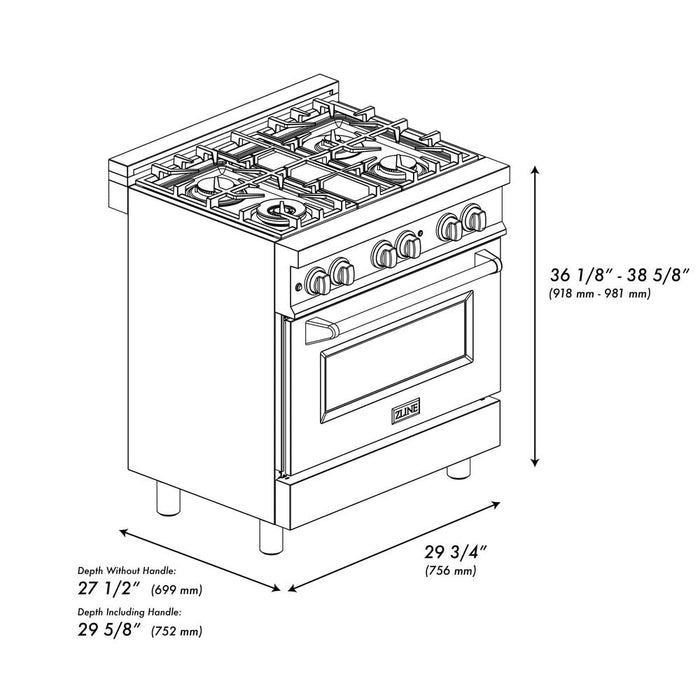 ZLINE 30 in. 4.0 cu. ft. Legacy Dual Fuel Range with 4 Burner Gas Cooktop and Electric Convection Oven in Stainless Steel with DuraSnow® Door (RA-SN-30)