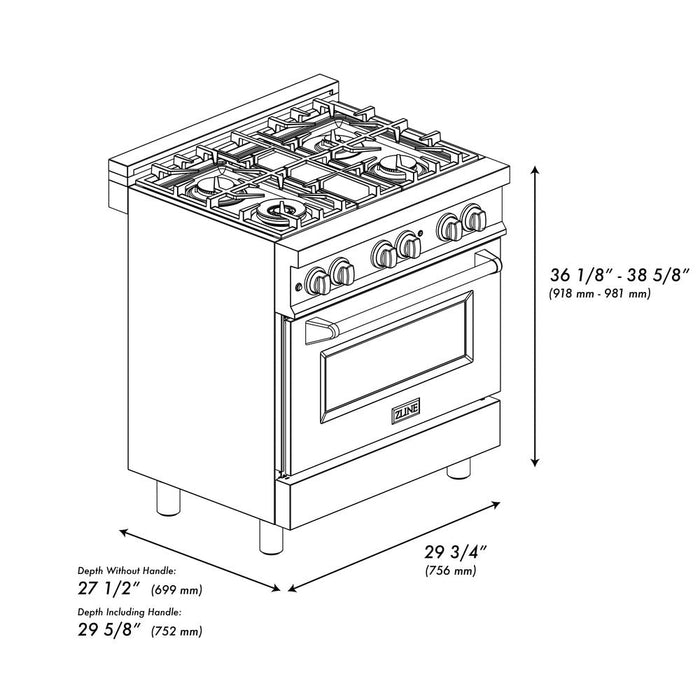 ZLINE 30 in. 4.0 cu. ft. Legacy Dual Fuel Range with 4 Burner Gas Cooktop and Electric Convection Oven in Stainless Steel with DuraSnow® Door (RA-SN-30)