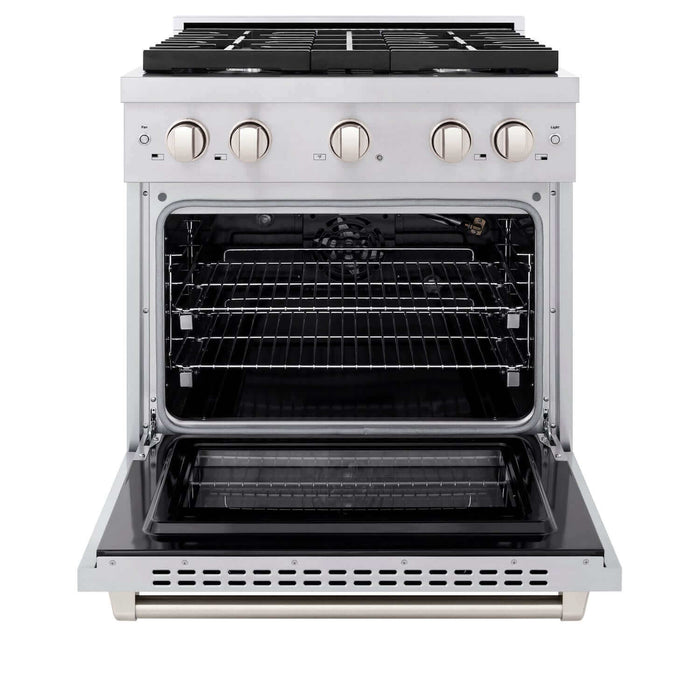 ZLINE Kitchen Package with Refrigeration, 30 in.  Stainless Steel Gas Range, 30 in.  Convertible Vent Range Hood and 24 in.  Tall Tub Dishwasher