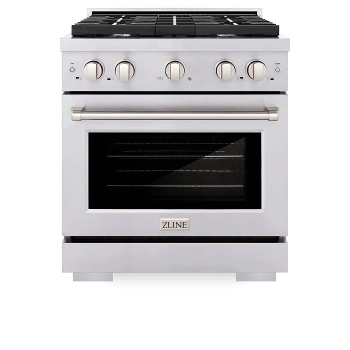 ZLINE Kitchen Package with Refrigeration, 30 in.  Stainless Steel Gas Range, 30 in.  Convertible Vent Range Hood and 24 in.  Tall Tub Dishwasher