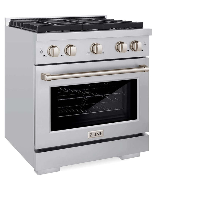 ZLINE Kitchen Package with Refrigeration, 30 in.  Stainless Steel Gas Range, 30 in.  Traditional Over The Range Microwave and 24 in.  Tall Tub Dishwasher (4KPR-SGROTRH30-DWV)