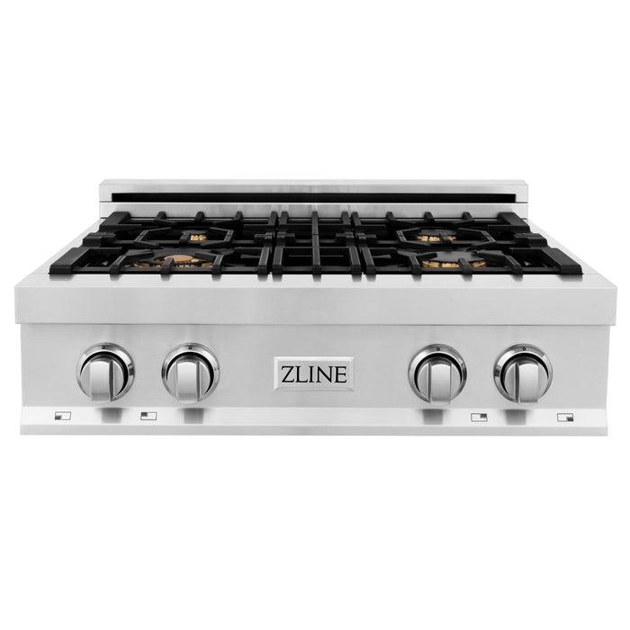 ZLINE 30" Rangetop in Stainless Steel with 4 Gas Brass Burners and Griddle, RT-BR-GR-30