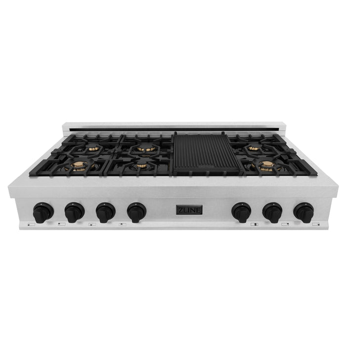 ZLINE Autograph Edition 48" Porcelain Rangetop with 7 Gas Burners in DuraSnow® Stainless Steel and Matte Black Accents, RTSZ-48-MB