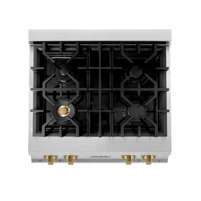 ZLINE Autograph Edition 30 in. Porcelain Rangetop with 4 Gas Burners in Stainless Steel and Champagne Bronze Accents (RTZ-30-CB)