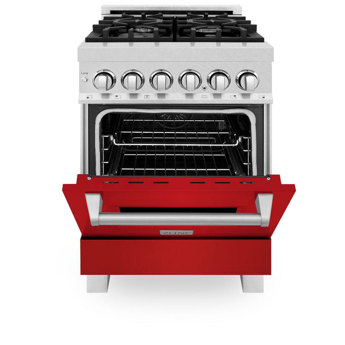 ZLINE 24 in. 2.8 cu. ft. Legacy Dual Fuel Range with 4 Burner Gas Cooktop and Electric Convection Oven in DuraSnow® Stainless Steel and Red Matte Door (RAS-RM-24)