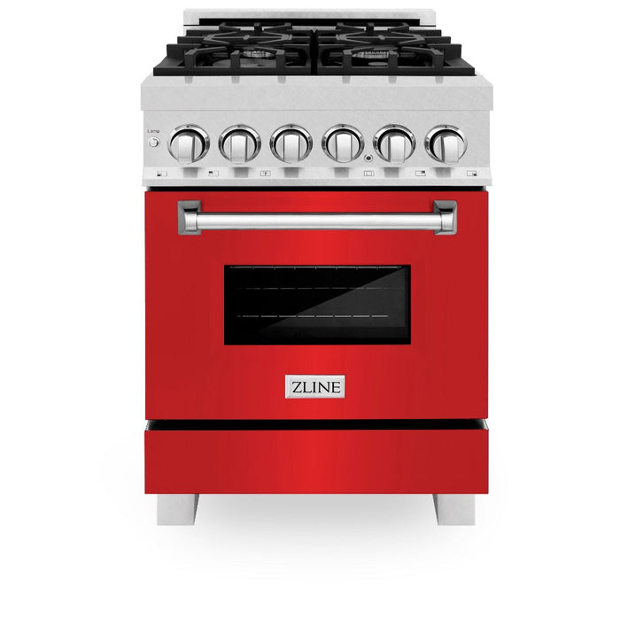 ZLINE 24 in. 2.8 cu. ft. Legacy Dual Fuel Range with 4 Burner Gas Cooktop and Electric Convection Oven in DuraSnow® Stainless Steel and Red Matte Door (RAS-RM-24)