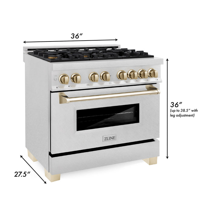 ZLINE Autograph Edition 36 In. Range, Gas Stove and Electric Oven in DuraSnow® Stainless Steel with Gold Accent, RASZ-SN-36-G