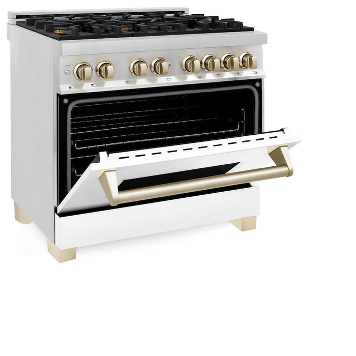 ZLINE Autograph Edition 36 in. Kitchen Package with Stainless Steel Dual Fuel Range with White Matte Door and Range Hood with Polished Gold Accents (2AKP-RAWMRH36-G)