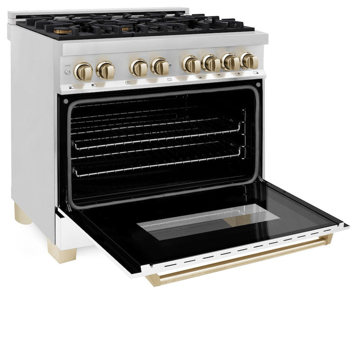 ZLINE Autograph Edition 36 in. Kitchen Package with Stainless Steel Dual Fuel Range with White Matte Door and Range Hood with Polished Gold Accents (2AKP-RAWMRH36-G)