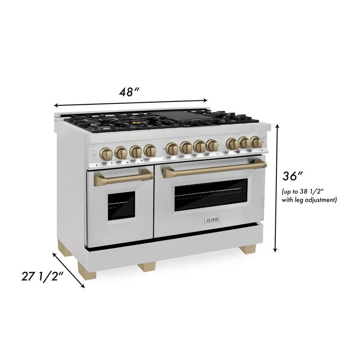 ZLINE Autograph Edition 48 in. Kitchen Package with Stainless Steel Dual Fuel Range, Range Hood, Dishwasher, and French Door Refrigerator with Champagne Bronze Accents (4KAPR-RARHDWM48-CB)