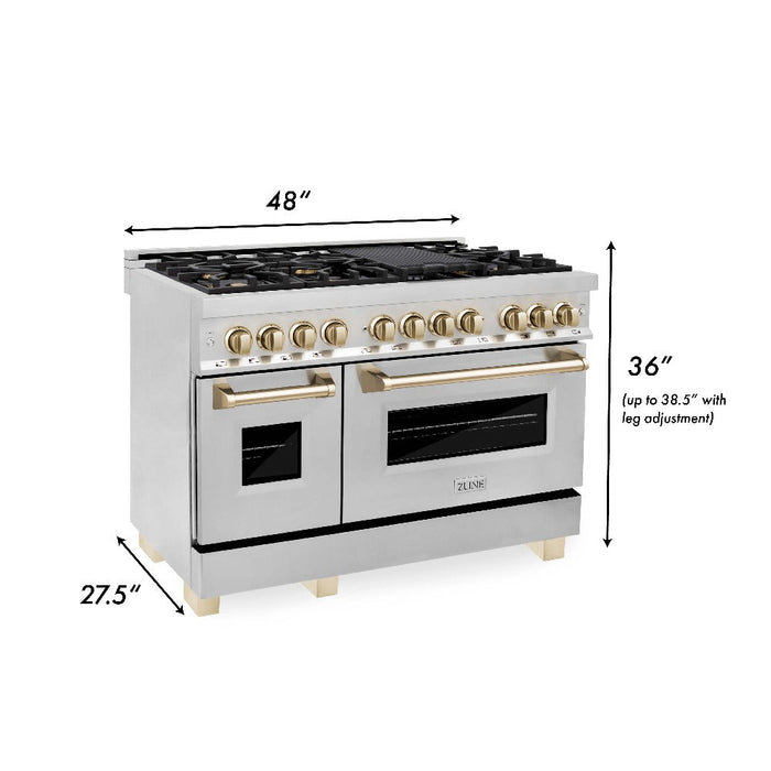 ZLINE  Autograph Edition 48 in. Kitchen Package with Stainless Steel Dual Fuel Range, Range Hood, Dishwasher and Refrigerator with Polished Gold Accents (4KAPR-RARHDWM48-G)