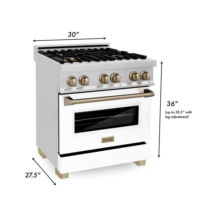 ZLINE Autograph Edition Kitchen Package in Stainless Steel and White Matte with 30 in. Dual Fuel Range, 30 in. Range Hood and 24 in. Dishwasher with Champagne Bronze Accents (3AKP-RAWMRHDWM30-CB)