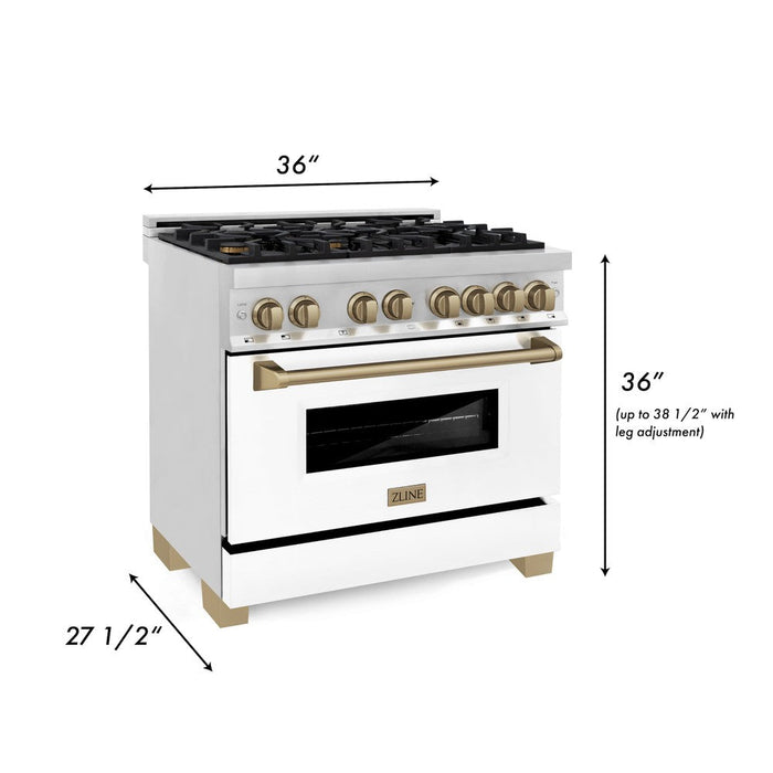 ZLINE Autograph Edition 36 in. 4.6 cu. ft. Legacy Dual Fuel Range with 6 Burner Gas Cooktop and Electric Convection Oven in Stainless Steel with White Matte Door and Champagne Bronze Accents (RAZ-WM-36-CB)