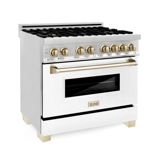 ZLINE Autograph Edition 36 in. 4.6 cu. ft. Legacy Dual Fuel Range with 6 Burner Gas Cooktop and Electric Convection Oven in Stainless Steel with White Matte Door and Polished Gold Accents (RAZ-WM-36-G)