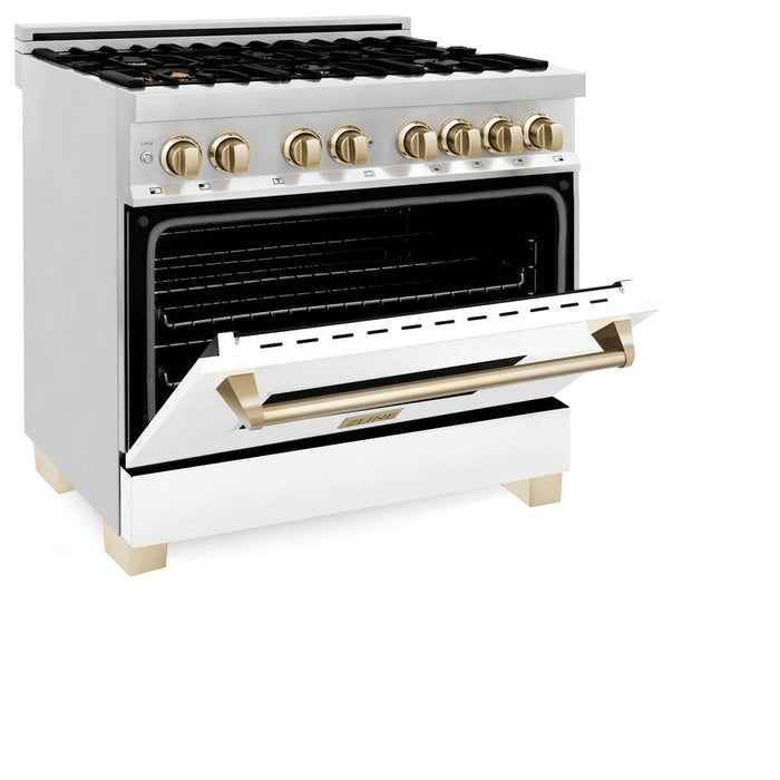 ZLINE Autograph Edition 36 in. Kitchen Package with Stainless Steel Dual Fuel Range with White Matte Door, Range Hood and Dishwasher with Polished Gold Accents (3AKP-RAWMRHDWM36-G)