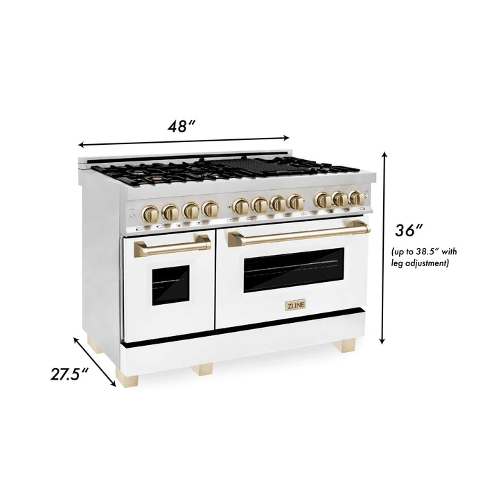 ZLINE Autograph Edition 48 in. Kitchen Package with Stainless Steel Dual Fuel Range with White Matte Door, Range Hood and Dishwasher with Polished Gold Accents (3AKP-RAWMRHDWM48-G)