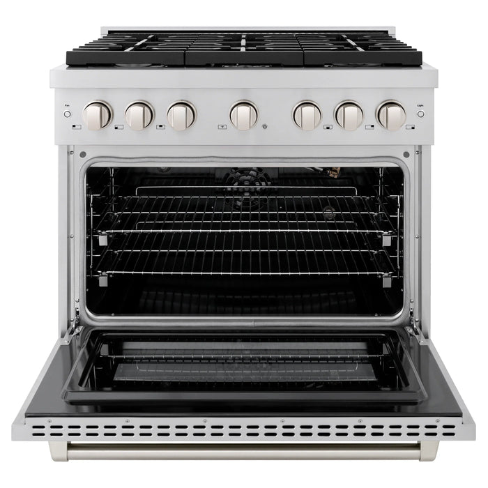 ZLINE Appliance Package - 36" Gas Range, Range Hood, Refrigerator with Water and Ice Dispenser, and Dishwasher in Stainless Steel