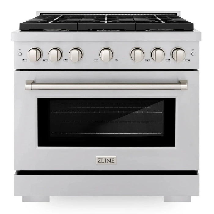 ZLINE Appliance Package - 36" Gas Range, Range Hood, Refrigerator with Water and Ice Dispenser, Microwave Drawer, Dishwasher and Wine Cooler