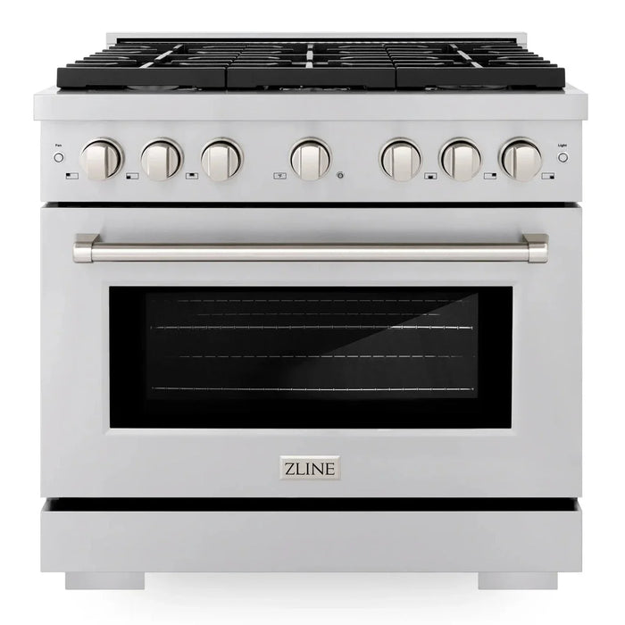 ZLINE Appliance Package - 36 in. Gas Range, Range Hood, Microwave Oven, 3 Rack Dishwasher, 4KP-RGRH36-MODWV