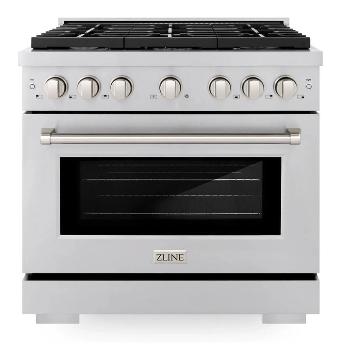 ZLINE Appliance Package - 36 in. Gas Range, Range Hood, Microwave Drawer, 3 Rack Dishwasher, 4KP-SGRRH36-MWDWV