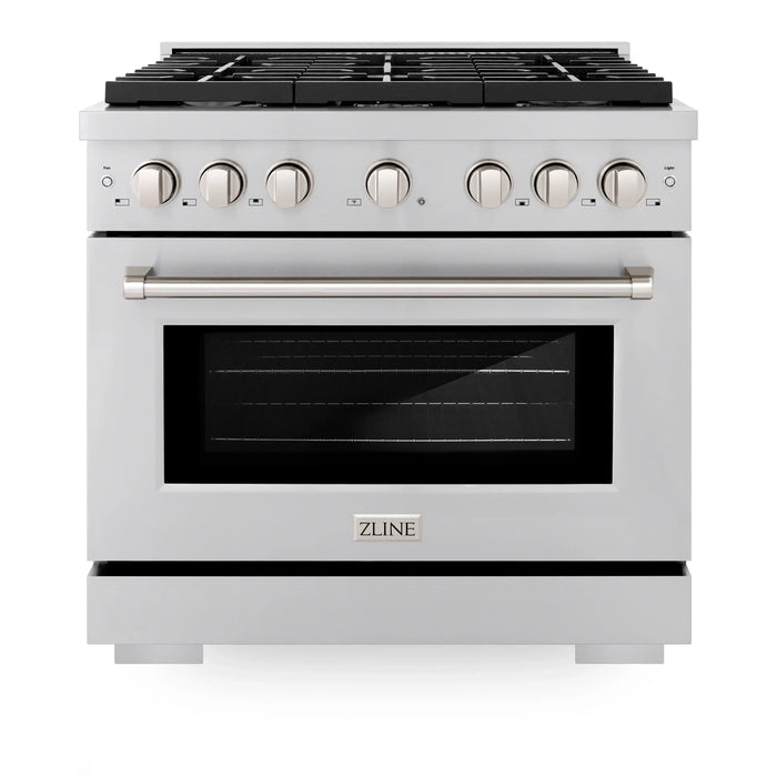 ZLINE Appliance Package - 36" Gas Range, Range Hood, Refrigerator with Water and Ice Dispenser, and Dishwasher in Stainless Steel