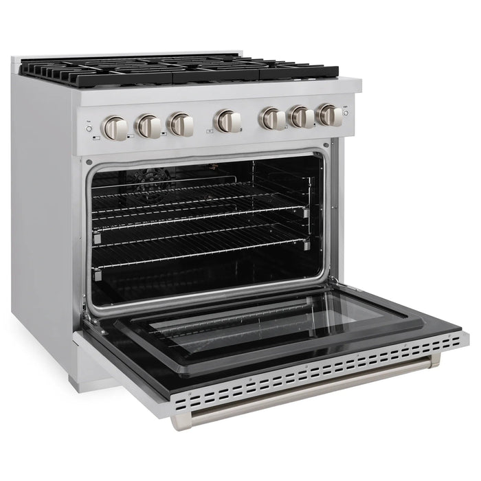 ZLINE Appliance Package - 36" Gas Range, Range Hood, Refrigerator, Microwave Drawer, Dishwasher and Beverage Fridge, 6KPR-SGRRH36-MWDWV-RBV