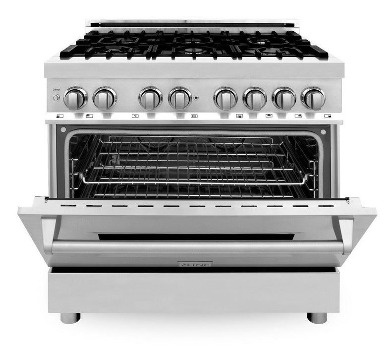 ZLINE Appliance Package - 36 in. Dual Fuel Range, Range Hood, 3 Rack Dishwasher, Refrigerator, 4KPR-RARH36-DWV