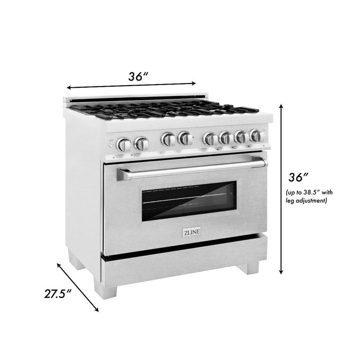 ZLINE 36 in. Kitchen Appliance Package with DuraSnow® Stainless Steel Gas Range, Ducted Range Hood and Dishwasher, 3KP-RGSRH36-DW