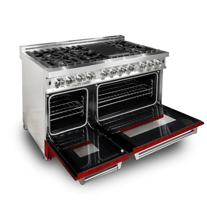 ZLINE 48 in. Kitchen Package with Stainless Steel Dual Fuel Range with Red Gloss Door and Convertible Vent Range Hood (2KP-RARGRH48)