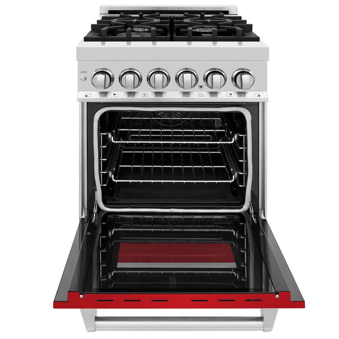 ZLINE 24 in. 2.8 cu. ft. Legacy Dual Fuel Range with 4 Burner Gas Cooktop and Electric Convection Oven in Stainless Steel and Red Matte Door (RA-RM-24)