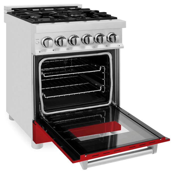 ZLINE 24 in. 2.8 cu. ft. Legacy Dual Fuel Range with 4 Burner Gas Cooktop and Electric Convection Oven in Stainless Steel and Red Matte Door (RA-RM-24)