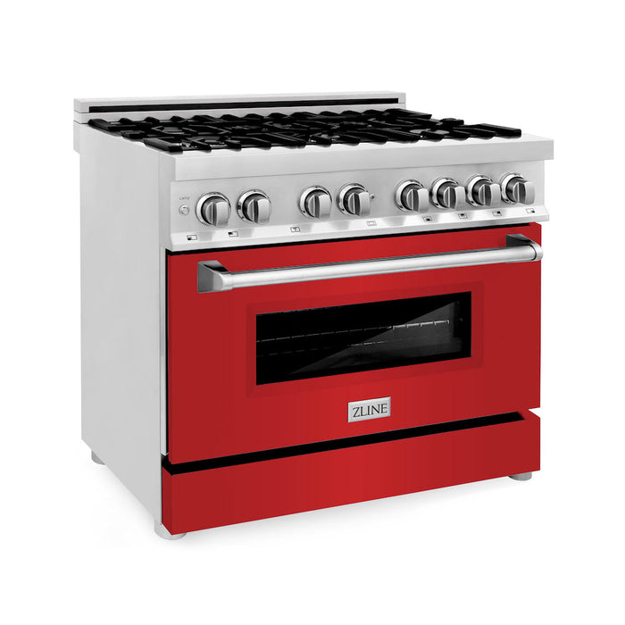 ZLINE 36 in. 4.6 cu. ft. Legacy Dual Fuel Range with 6 Burner Gas Cooktop and Electric Convection Oven in Stainless Steel and Red Matte Door (RA-RM-36)