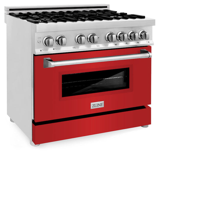 ZLINE 36 in. 4.6 cu. ft. Legacy Dual Fuel Range with 6 Burner Gas Cooktop and Electric Convection Oven in Stainless Steel and Red Matte Door (RA-RM-36)