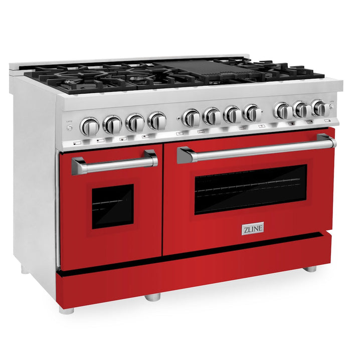 ZLINE 48 in. Kitchen Package with Stainless Steel Dual Fuel Range with Red Matte Door and Convertible Vent Range Hood (2KP-RARMRH48)