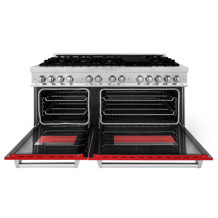 ZLINE 60 in. 7.4 cu. ft. Legacy Dual Fuel Range with 9 Burner Gas Cooktop and 2 Electric Convection Ovens in Stainless Steel and Red Matte Doors (RA-RM-60)