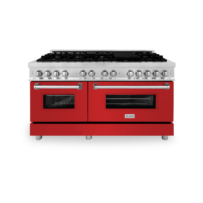 ZLINE 60 in. 7.4 cu. ft. Legacy Dual Fuel Range with 9 Burner Gas Cooktop and 2 Electric Convection Ovens in Stainless Steel and Red Matte Doors (RA-RM-60)