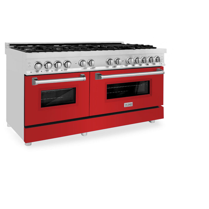 ZLINE 60 in. 7.4 cu. ft. Legacy Dual Fuel Range with 9 Burner Gas Cooktop and 2 Electric Convection Ovens in Stainless Steel and Red Matte Doors (RA-RM-60)