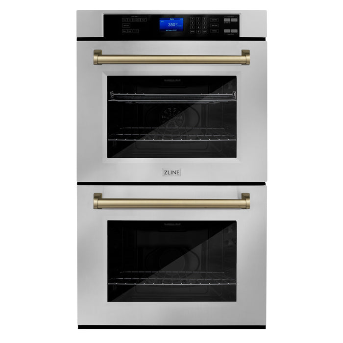 ZLINE 30" Autograph Double Wall Oven with Air Fry and Self-Clean in Stainless Steel and Champagne Bronze Handle, WADZ-30-CB