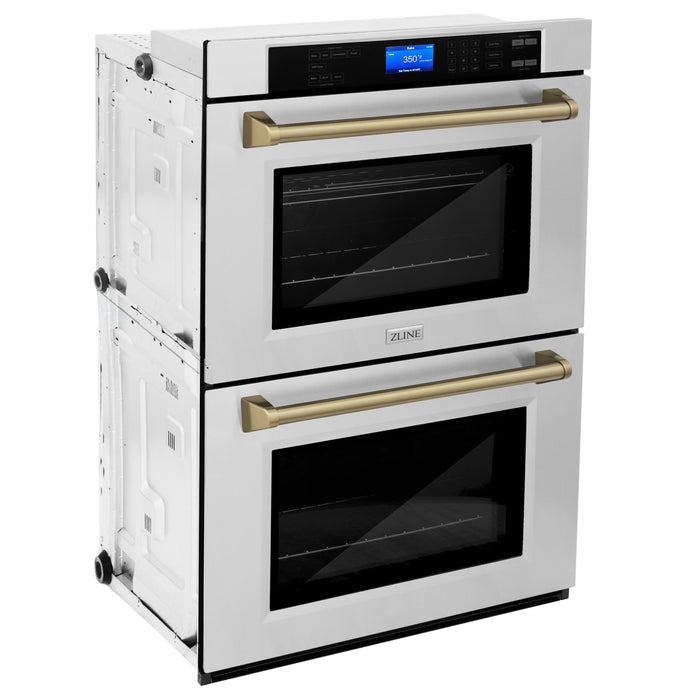 ZLINE 30" Autograph Double Wall Oven with Air Fry and Self-Clean in Stainless Steel and Champagne Bronze Handle, WADZ-30-CB