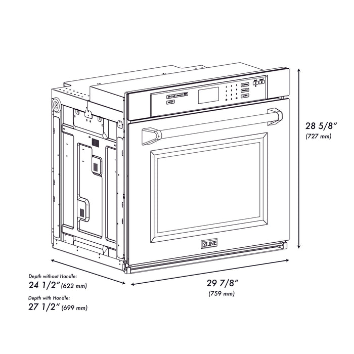 ZLINE 30" Autograph Single Wall Oven with Air Fry and Self-Clean in DuraSnow® Stainless Steel and Gold Handle, WASSZ-30-G