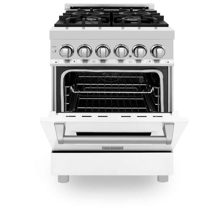 ZLINE 24 in. 2.8 cu. ft. Legacy Dual Fuel Range with 4 Burner Gas Cooktop and Electric Convection Oven in Stainless Steel and White Matte Door (RA-WM-24)